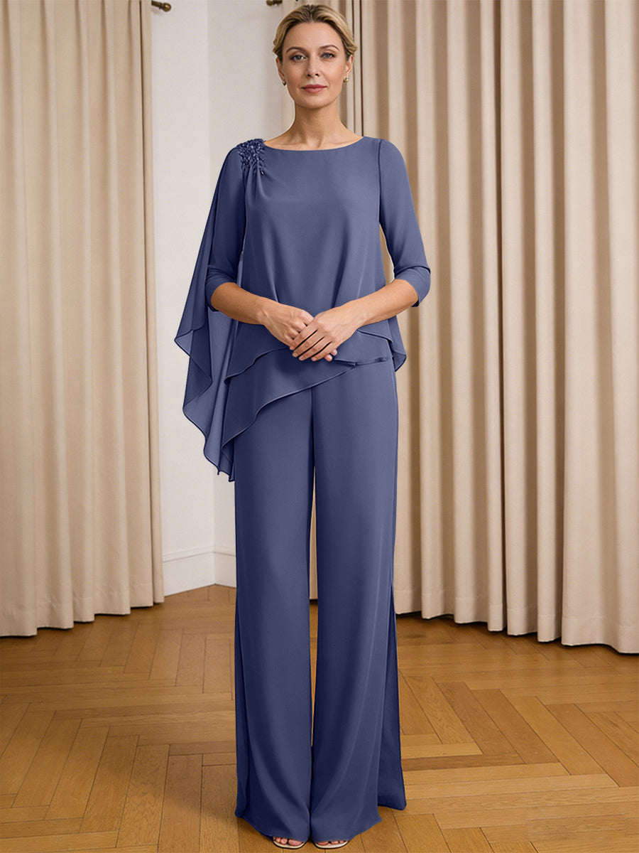 Scoop Neck Ruffle Floor-Length Mother of the Bride Pant Suits with Appliques