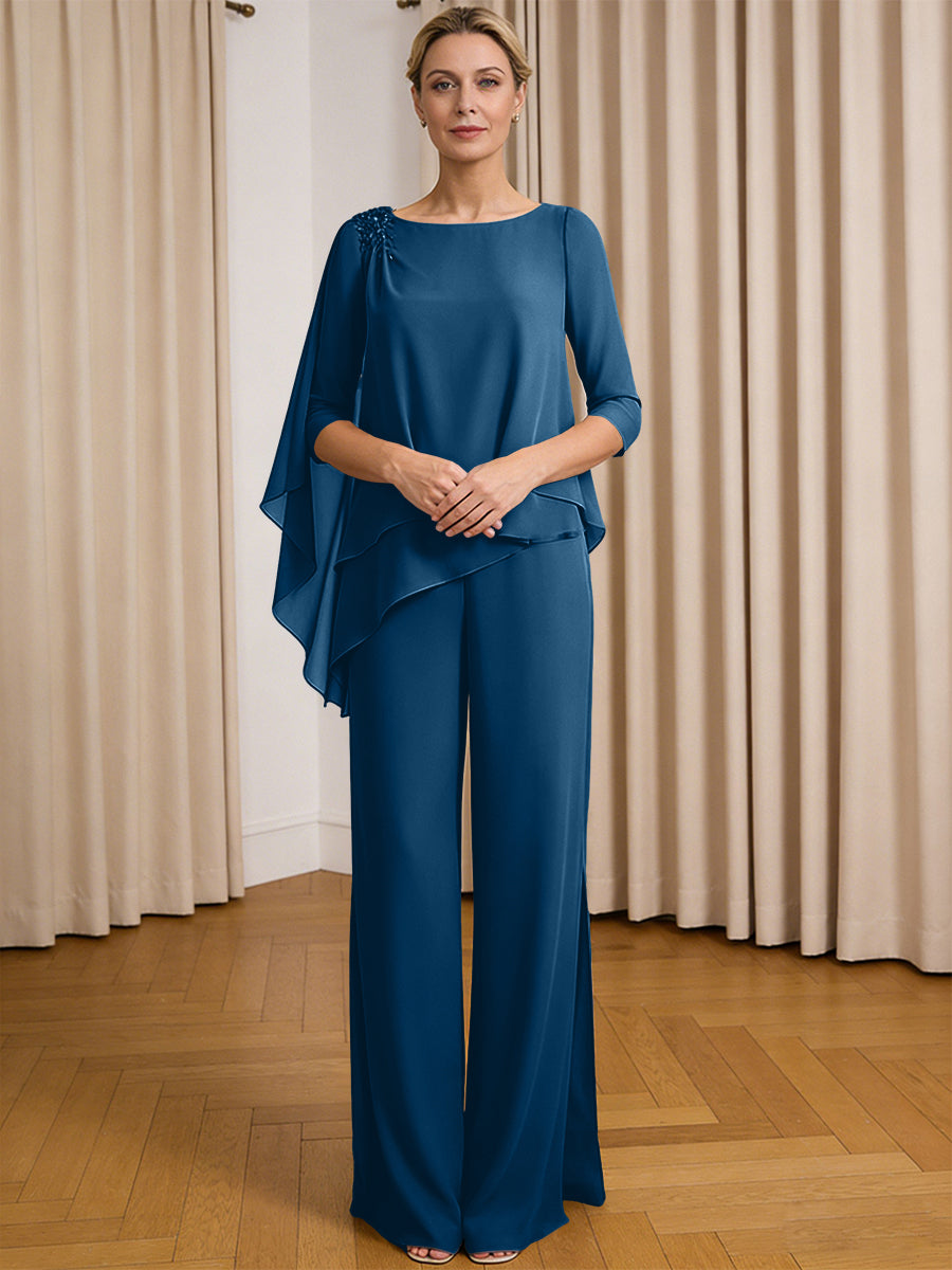 Scoop Neck Ruffle Floor-Length Mother of the Bride Pant Suits with Appliques