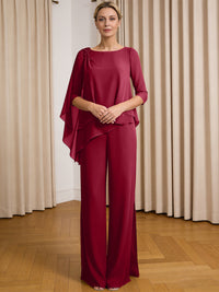 Scoop Neck Ruffle Floor-Length Mother of the Bride Pant Suits with Appliques