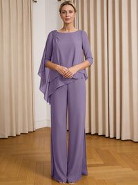 Scoop Neck Ruffle Floor-Length Mother of the Bride Pant Suits with Appliques