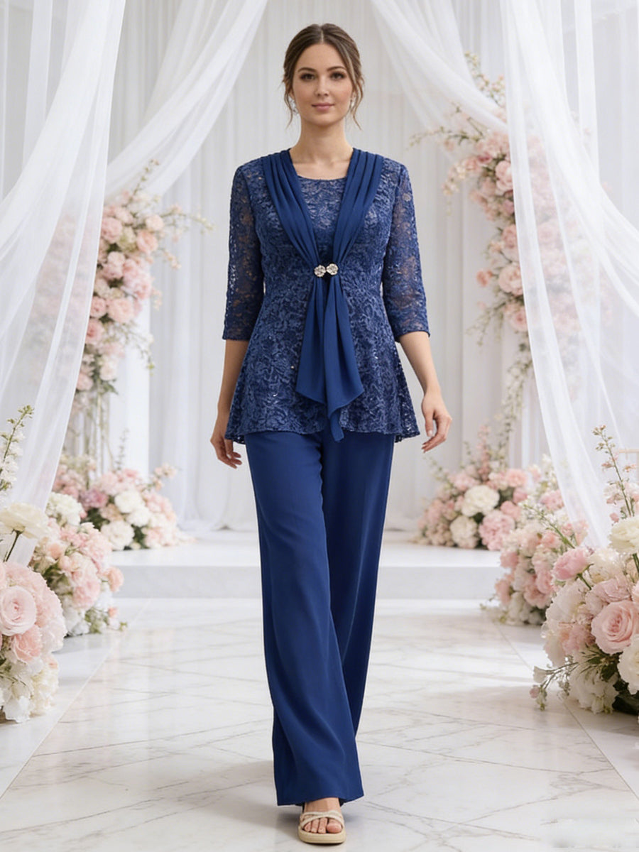 Scoop Neck Three-Piece Floor-Length Mother of the Bride Pantsuits with Lace Sequins