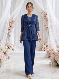 Scoop Neck Three-Piece Floor-Length Mother of the Bride Pantsuits with Lace Sequins