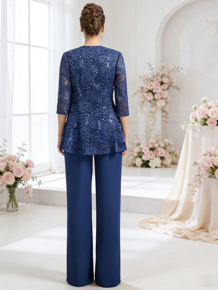 Scoop Neck Three-Piece Floor-Length Mother of the Bride Pantsuits with Lace Sequins
