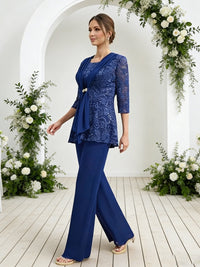 Scoop Neck Three-Piece Floor-Length Mother of the Bride Pantsuits with Lace Sequins