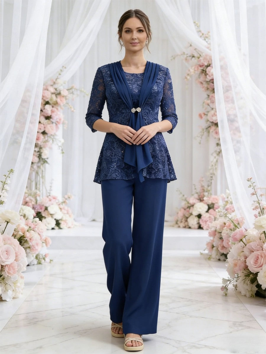 Scoop Neck Three-Piece Floor-Length Mother of the Bride Pantsuits with Lace Sequins