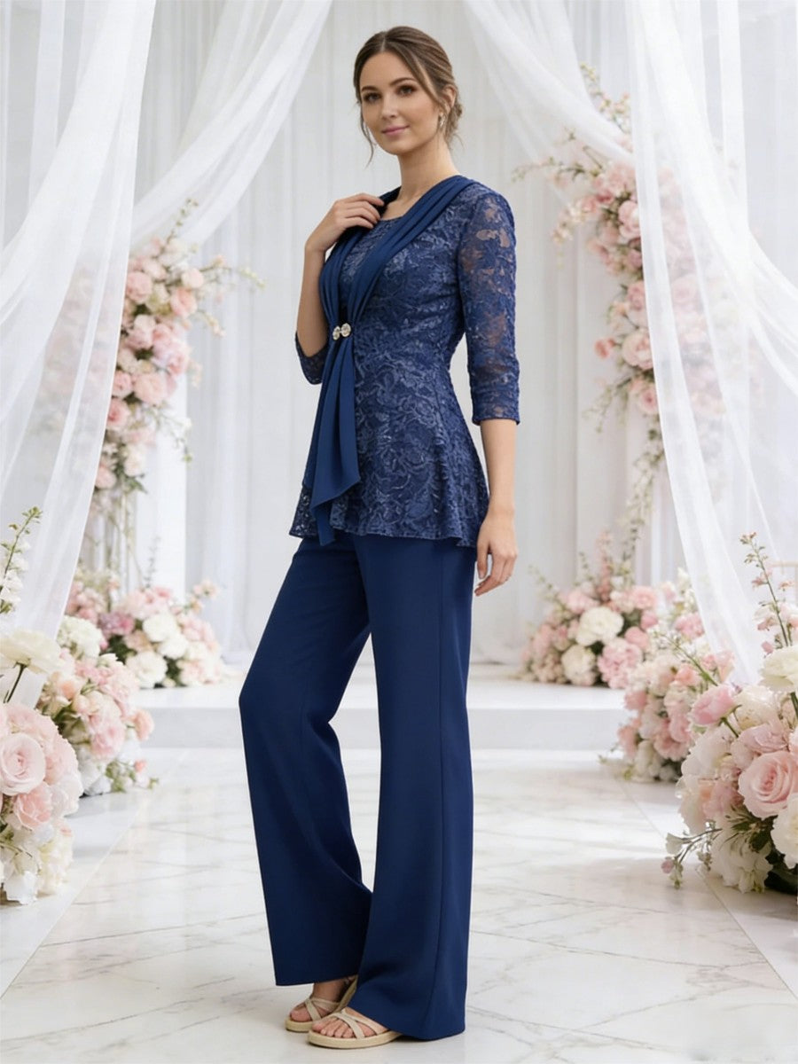 Scoop Neck Three-Piece Floor-Length Mother of the Bride Pantsuits with Lace Sequins