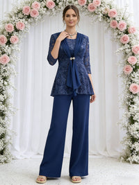Scoop Neck Three-Piece Floor-Length Mother of the Bride Pantsuits with Lace Sequins