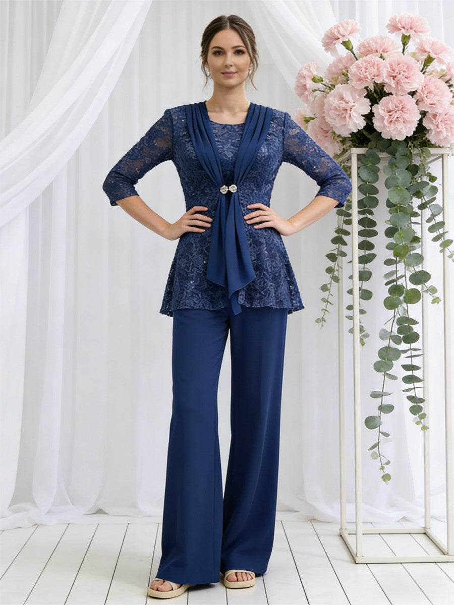 Scoop Neck Three-Piece Floor-Length Mother of the Bride Pantsuits with Lace Sequins