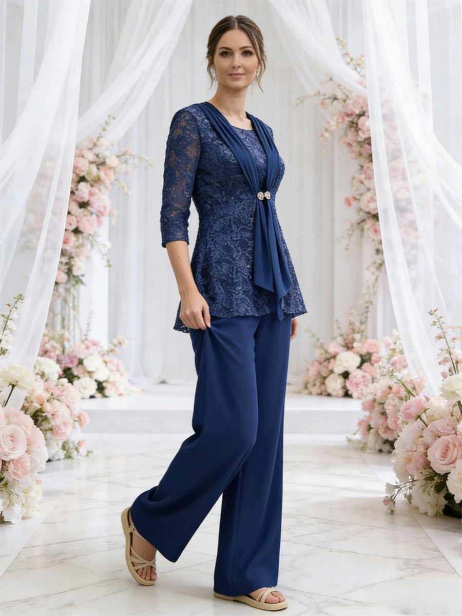 Scoop Neck Three-Piece Floor-Length Mother of the Bride Pantsuits with Lace Sequins