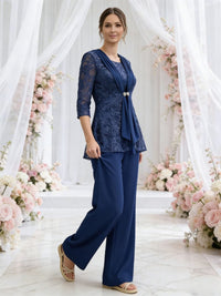Scoop Neck Three-Piece Floor-Length Mother of the Bride Pantsuits with Lace Sequins