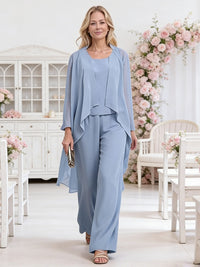 Scoop Neck Three-Piece Ruffle Floor-Length Mother of the Bride Pan Suits with Jacket