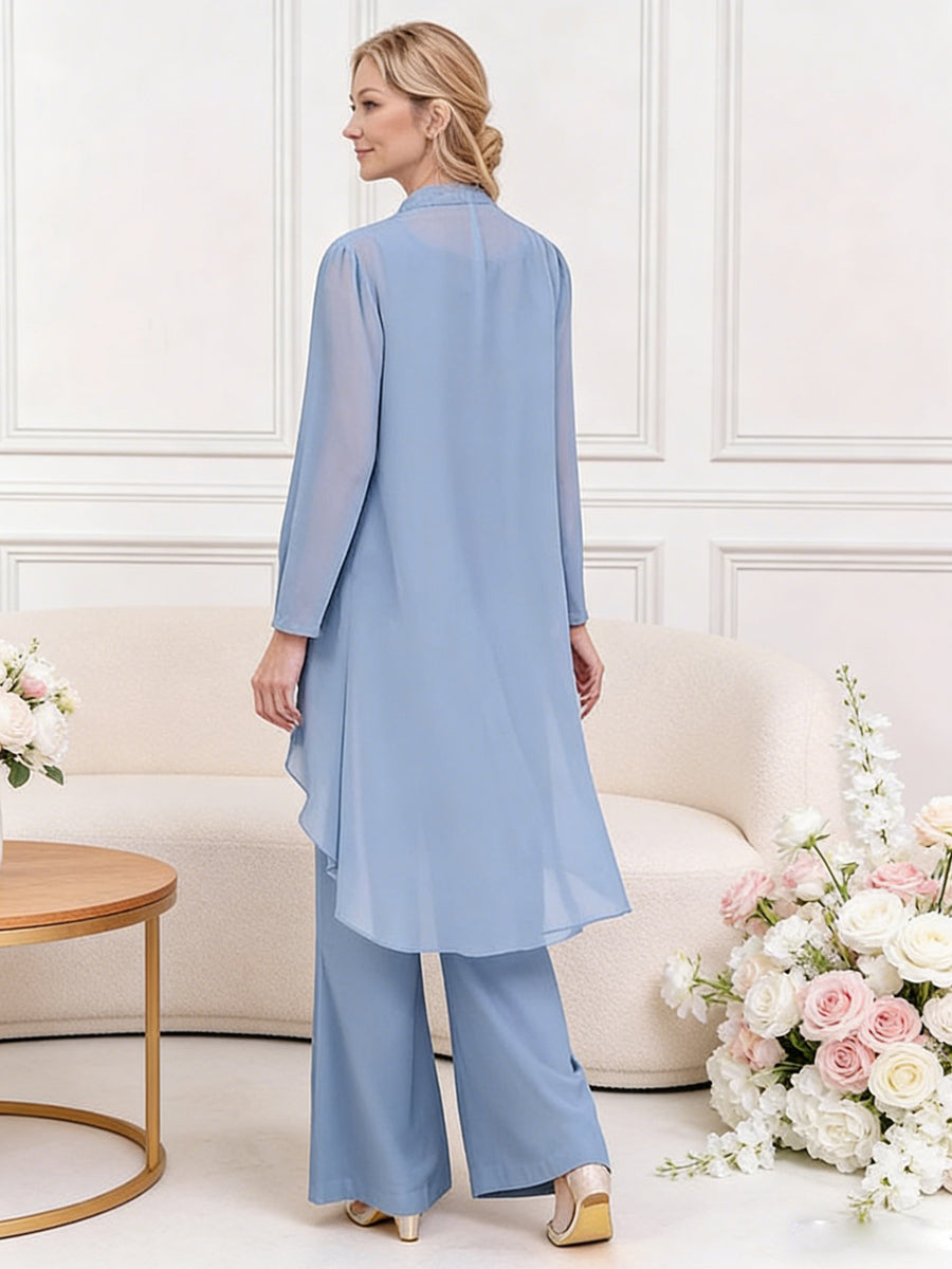 Scoop Neck Three-Piece Ruffle Floor-Length Mother of the Bride Pan Suits with Jacket