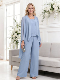 Scoop Neck Three-Piece Ruffle Floor-Length Mother of the Bride Pan Suits with Jacket
