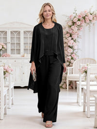 Scoop Neck Three-Piece Ruffle Floor-Length Mother of the Bride Pan Suits with Jacket