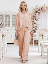Scoop Neck Three-Piece Ruffle Floor-Length Mother of the Bride Pan Suits with Jacket