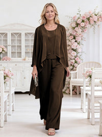Scoop Neck Three-Piece Ruffle Floor-Length Mother of the Bride Pan Suits with Jacket