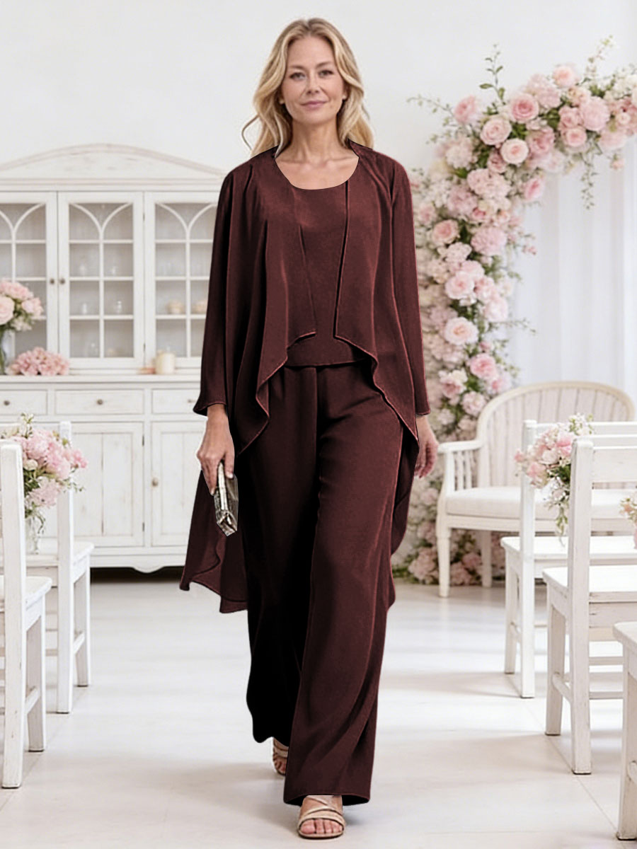Scoop Neck Three-Piece Ruffle Floor-Length Mother of the Bride Pan Suits with Jacket