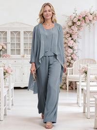 Scoop Neck Three-Piece Ruffle Floor-Length Mother of the Bride Pan Suits with Jacket