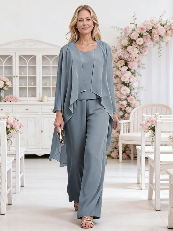Scoop Neck Three-Piece Ruffle Floor-Length Mother of the Bride Pan Suits with Jacket