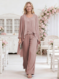 Scoop Neck Three-Piece Ruffle Floor-Length Mother of the Bride Pan Suits with Jacket