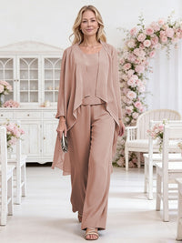 Scoop Neck Three-Piece Ruffle Floor-Length Mother of the Bride Pan Suits with Jacket