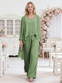 Scoop Neck Three-Piece Ruffle Floor-Length Mother of the Bride Pan Suits with Jacket