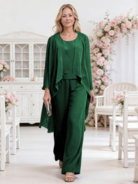 Scoop Neck Three-Piece Ruffle Floor-Length Mother of the Bride Pan Suits with Jacket