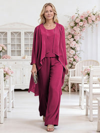 Scoop Neck Three-Piece Ruffle Floor-Length Mother of the Bride Pan Suits with Jacket