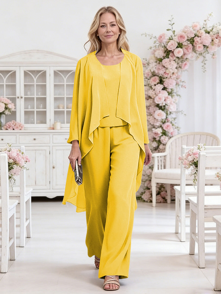 Scoop Neck Three-Piece Ruffle Floor-Length Mother of the Bride Pan Suits with Jacket