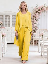 Scoop Neck Three-Piece Ruffle Floor-Length Mother of the Bride Pan Suits with Jacket