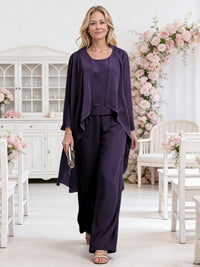 Scoop Neck Three-Piece Ruffle Floor-Length Mother of the Bride Pan Suits with Jacket