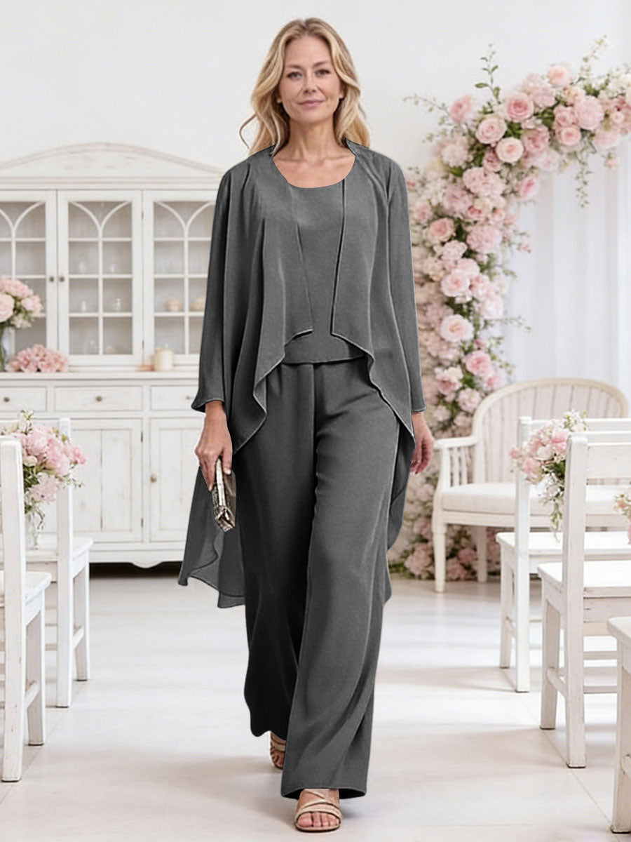 Scoop Neck Three-Piece Ruffle Floor-Length Mother of the Bride Pan Suits with Jacket