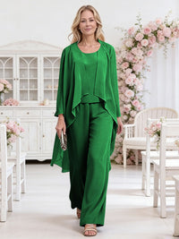 Scoop Neck Three-Piece Ruffle Floor-Length Mother of the Bride Pan Suits with Jacket