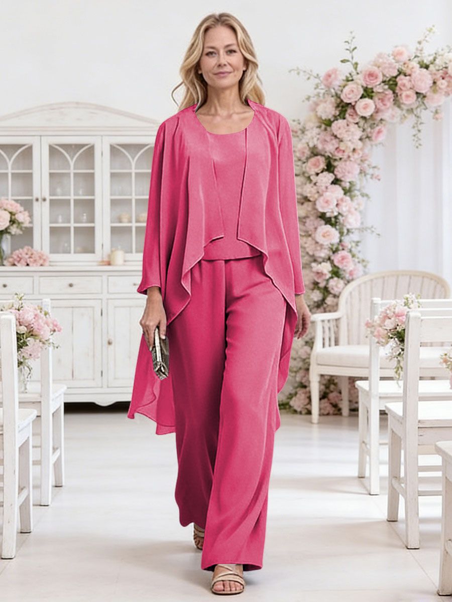Scoop Neck Three-Piece Ruffle Floor-Length Mother of the Bride Pan Suits with Jacket