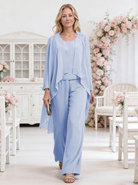 Scoop Neck Three-Piece Ruffle Floor-Length Mother of the Bride Pan Suits with Jacket
