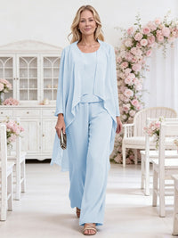 Scoop Neck Three-Piece Ruffle Floor-Length Mother of the Bride Pan Suits with Jacket