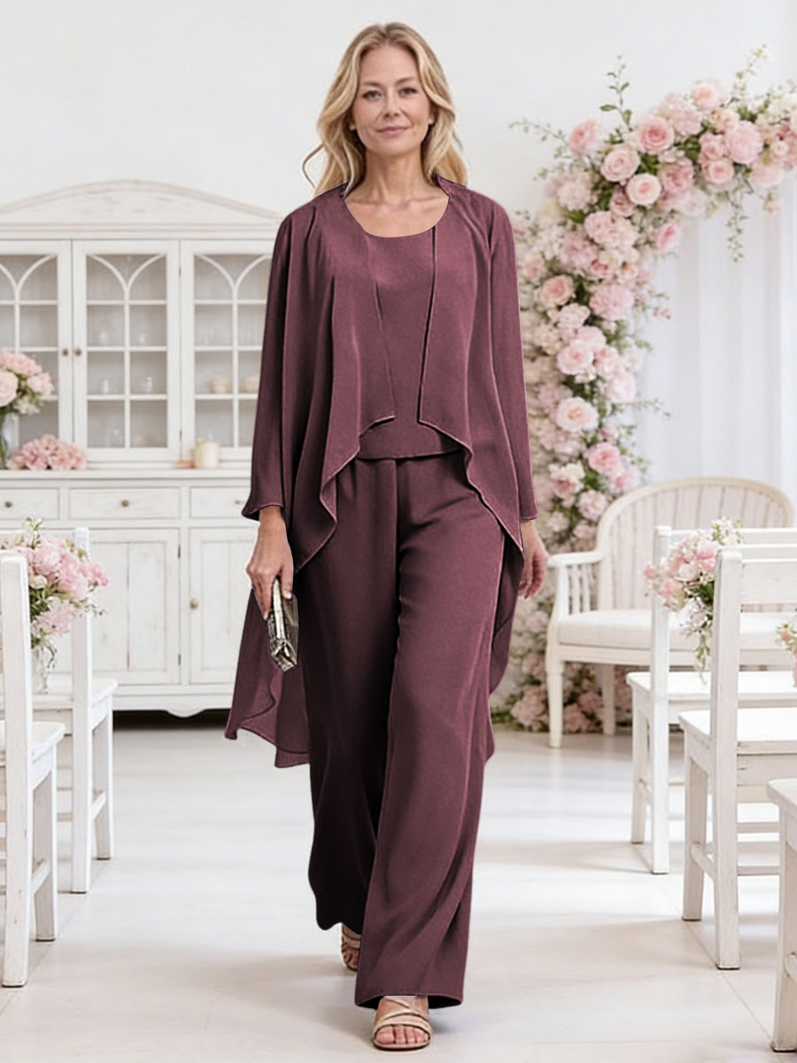 Scoop Neck Three-Piece Ruffle Floor-Length Mother of the Bride Pan Suits with Jacket