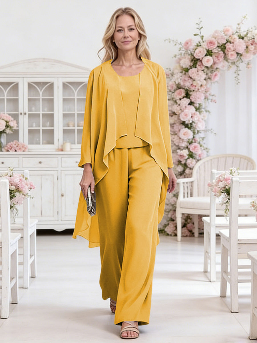 Scoop Neck Three-Piece Ruffle Floor-Length Mother of the Bride Pan Suits with Jacket