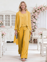 Scoop Neck Three-Piece Ruffle Floor-Length Mother of the Bride Pan Suits with Jacket