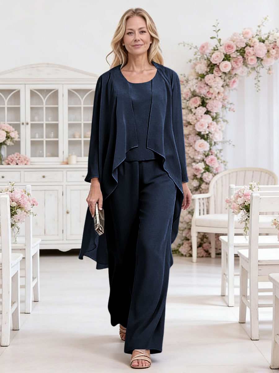 Scoop Neck Three-Piece Ruffle Floor-Length Mother of the Bride Pan Suits with Jacket