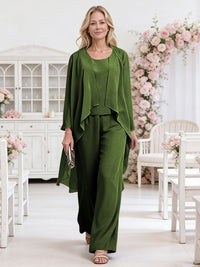 Scoop Neck Three-Piece Ruffle Floor-Length Mother of the Bride Pan Suits with Jacket