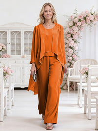 Scoop Neck Three-Piece Ruffle Floor-Length Mother of the Bride Pan Suits with Jacket
