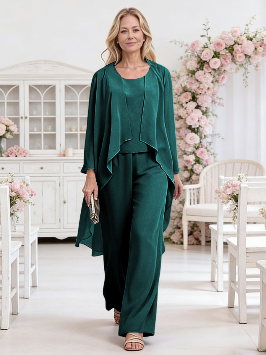 Scoop Neck Three-Piece Ruffle Floor-Length Mother of the Bride Pan Suits with Jacket