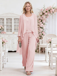 Scoop Neck Three-Piece Ruffle Floor-Length Mother of the Bride Pan Suits with Jacket