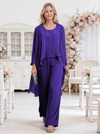 Scoop Neck Three-Piece Ruffle Floor-Length Mother of the Bride Pan Suits with Jacket