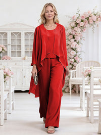 Scoop Neck Three-Piece Ruffle Floor-Length Mother of the Bride Pan Suits with Jacket