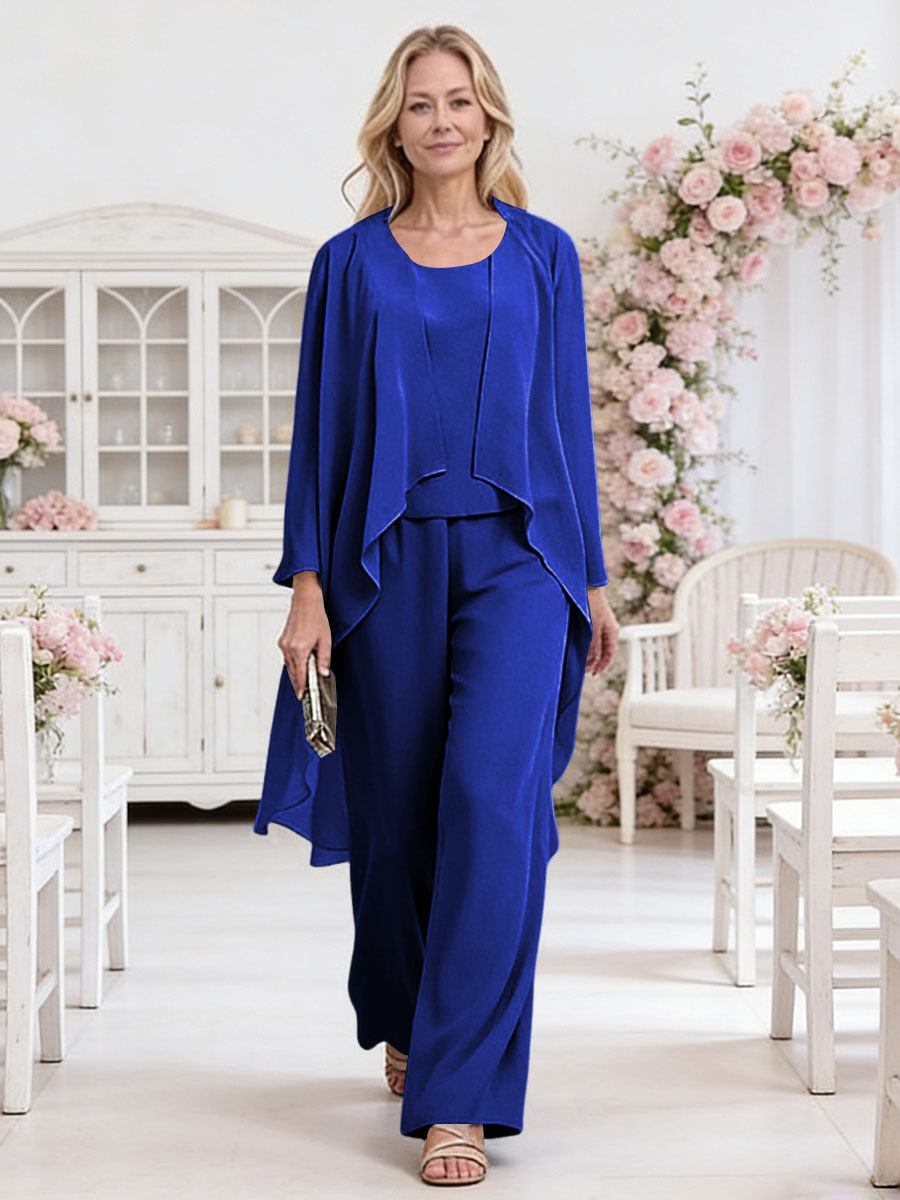 Scoop Neck Three-Piece Ruffle Floor-Length Mother of the Bride Pan Suits with Jacket