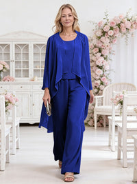 Scoop Neck Three-Piece Ruffle Floor-Length Mother of the Bride Pan Suits with Jacket