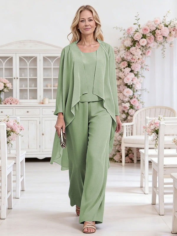 Scoop Neck Three-Piece Ruffle Floor-Length Mother of the Bride Pan Suits with Jacket
