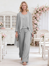 Scoop Neck Three-Piece Ruffle Floor-Length Mother of the Bride Pan Suits with Jacket